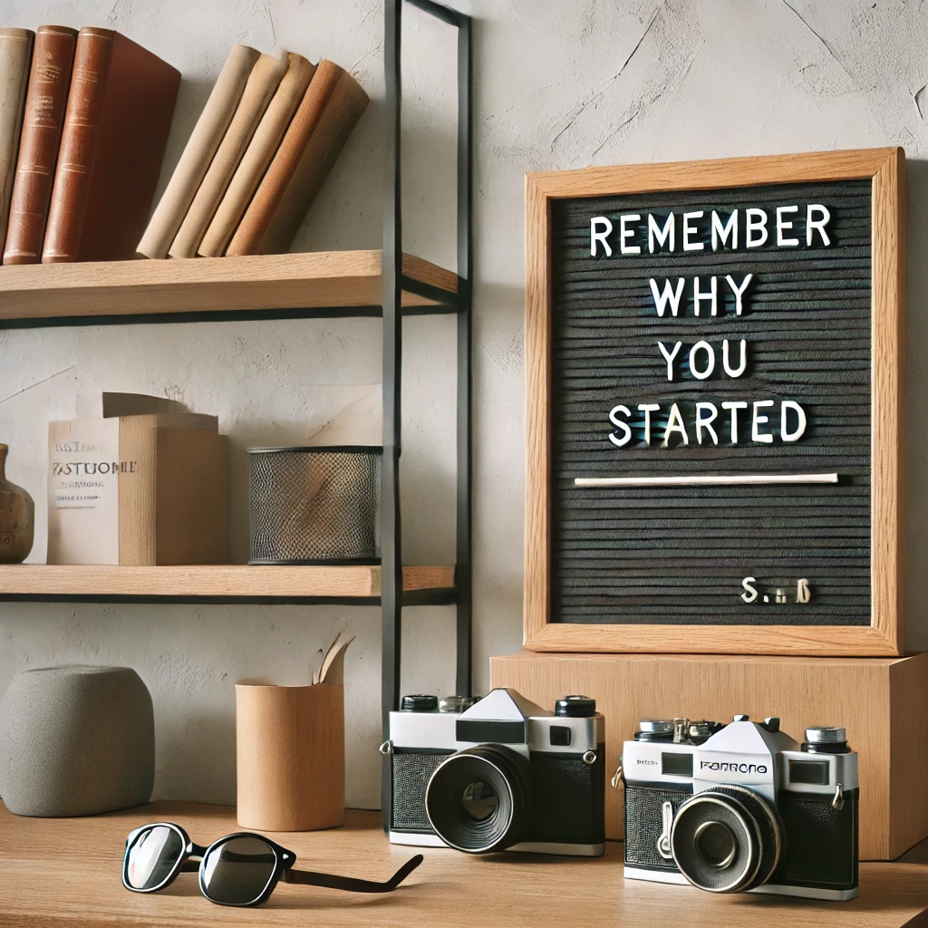 A minimalist and inspiring workspace shelf with a motivational message on a letter board that reads 'Remember Why You Started', a vintage camera, a pair of sunglasses, and neatly arranged books. The scene conveys creativity, inspiration, and a sense of purpose in a well-lit, modern setting.